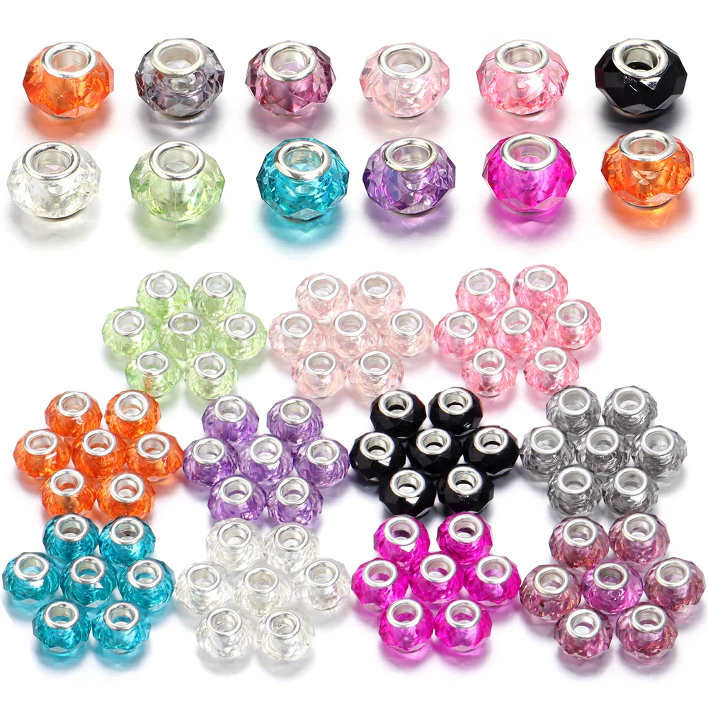 Grânulos de resina facetada transparente, fazer jóias, grande buraco espaçador, pulseira DIY, colar, cor, atacado, 14mm, 20Pcs, lote