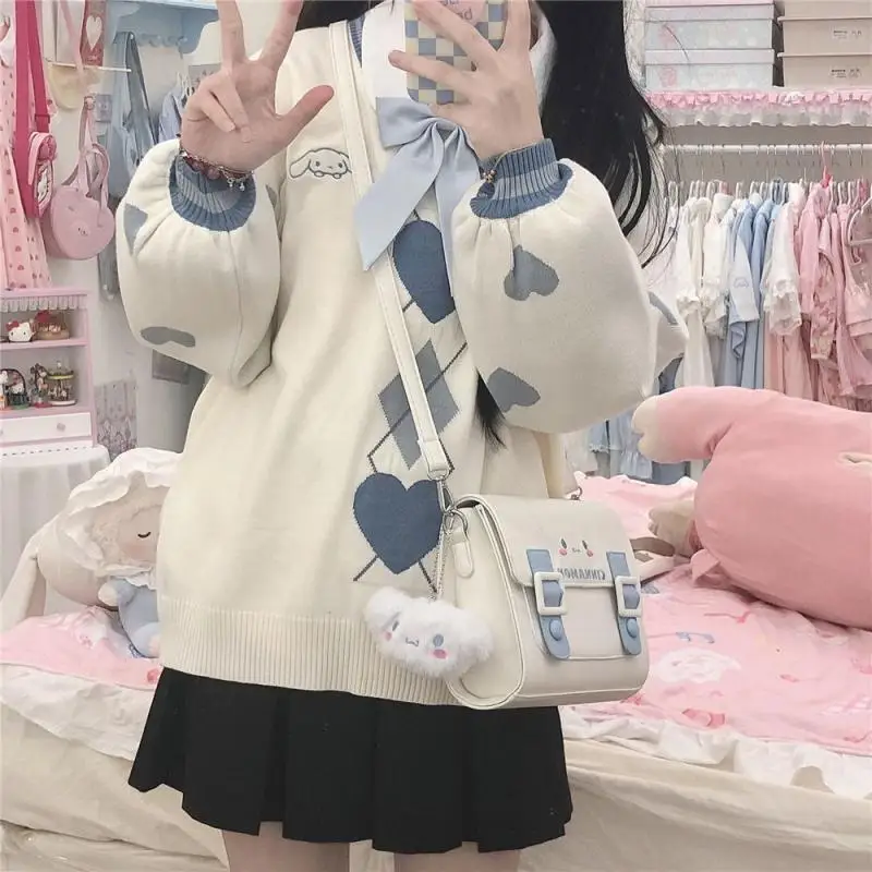 

Sanrio Kawaii Cinnamoroll Anime Fashions Jk Uniforms Cute Cartoon Pullover Sweater Academy Style V-Neck Knitwear Girls Gift