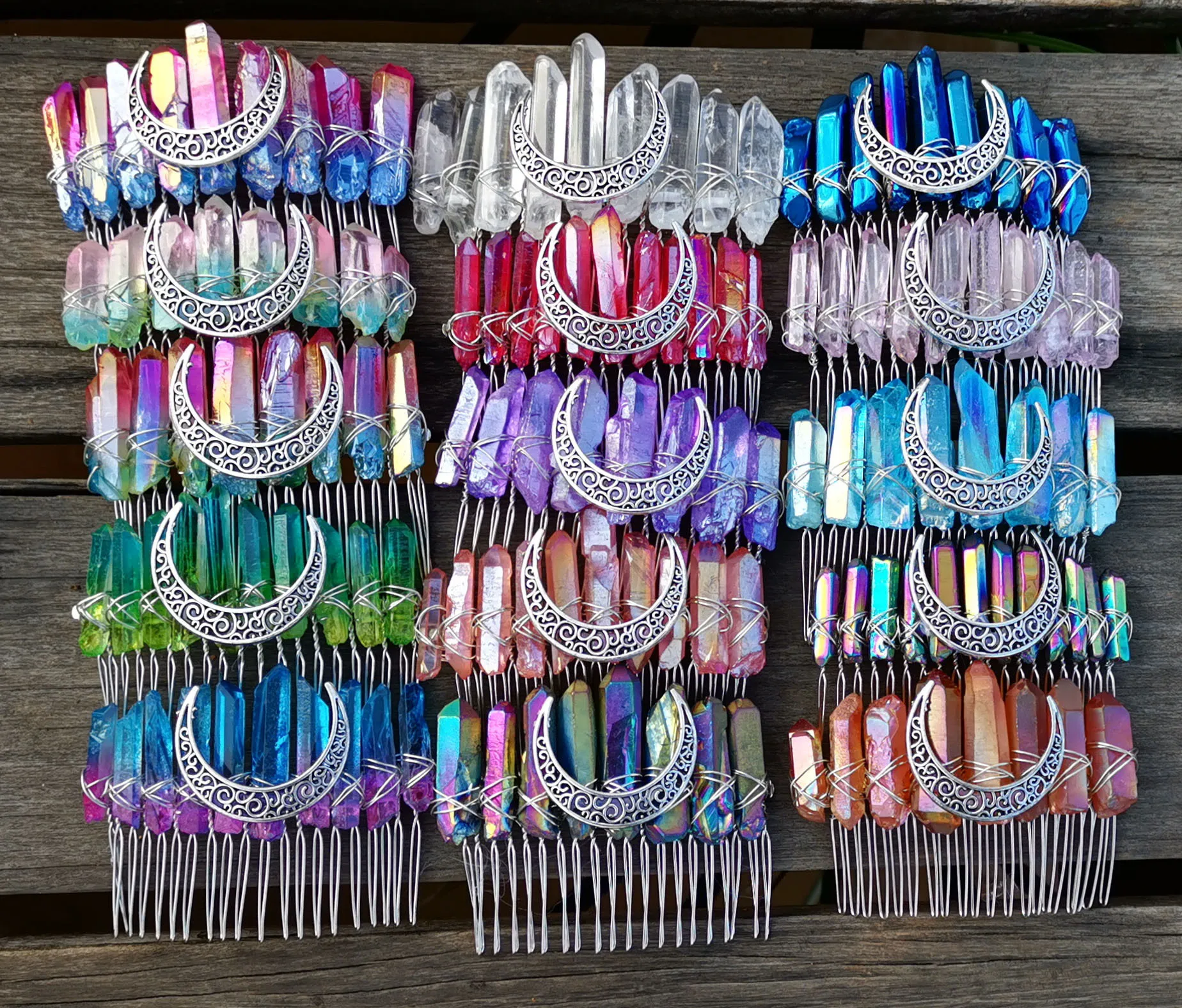 Wicca Raw Natural Crystal Comb Moon Mermaid  Rainbow Tiaras Hair Comb Witchcraft Jewelry Accessories Bridal Party Decoration Gif