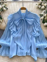 Femmes printemps automne chemise mode français rétro décontracté haut de gamme à pois Blouse avec manches à bulles nœud Design haut S263 4