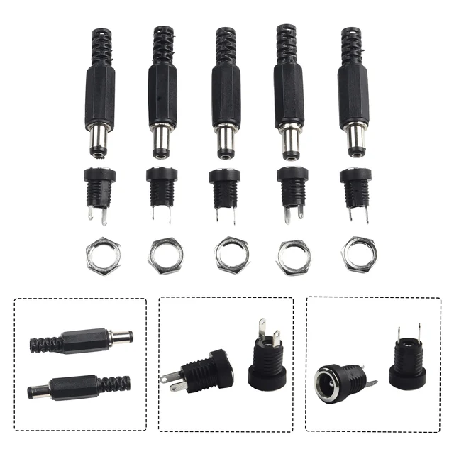5 Pair DC 12V Male Female Socket Panel Mount Barrels Jack Plug Power Connector Female Jack Screw Nut Panel Mount Connector 3
