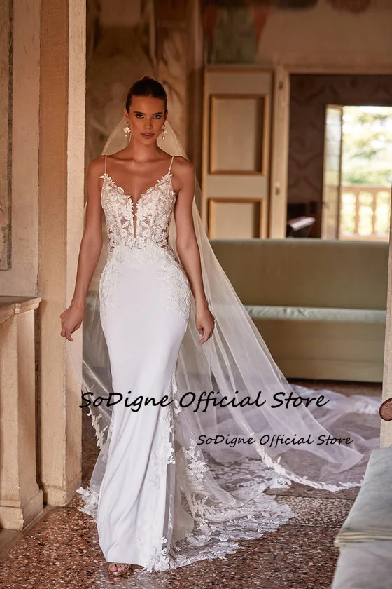 SoDigne Mermaid Lace Appliques Wedding Dresses V-neck Sleeveless Satin Bridal Dress Long Wedding Gown Robe De Mairee Customized 14 S18a9a6b37ba14f7fb4920fac4414fdd2M