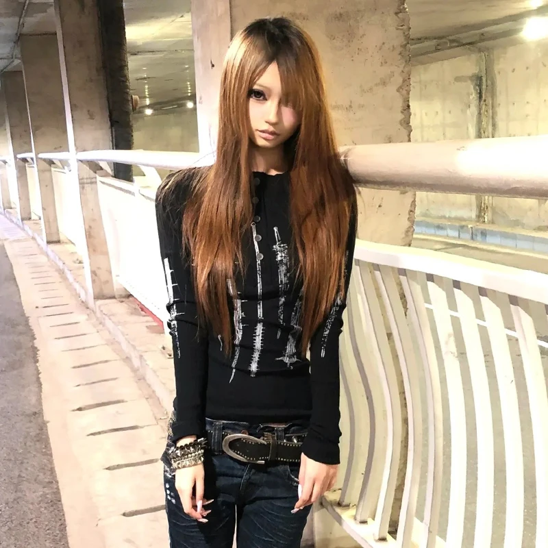 Karrcat Grunge Aesthetics Tattoo Print Knitted Tops Trashy Y2k Long Sleeve Knit T-shirt Vintage Gothic Button Top American Retro 5