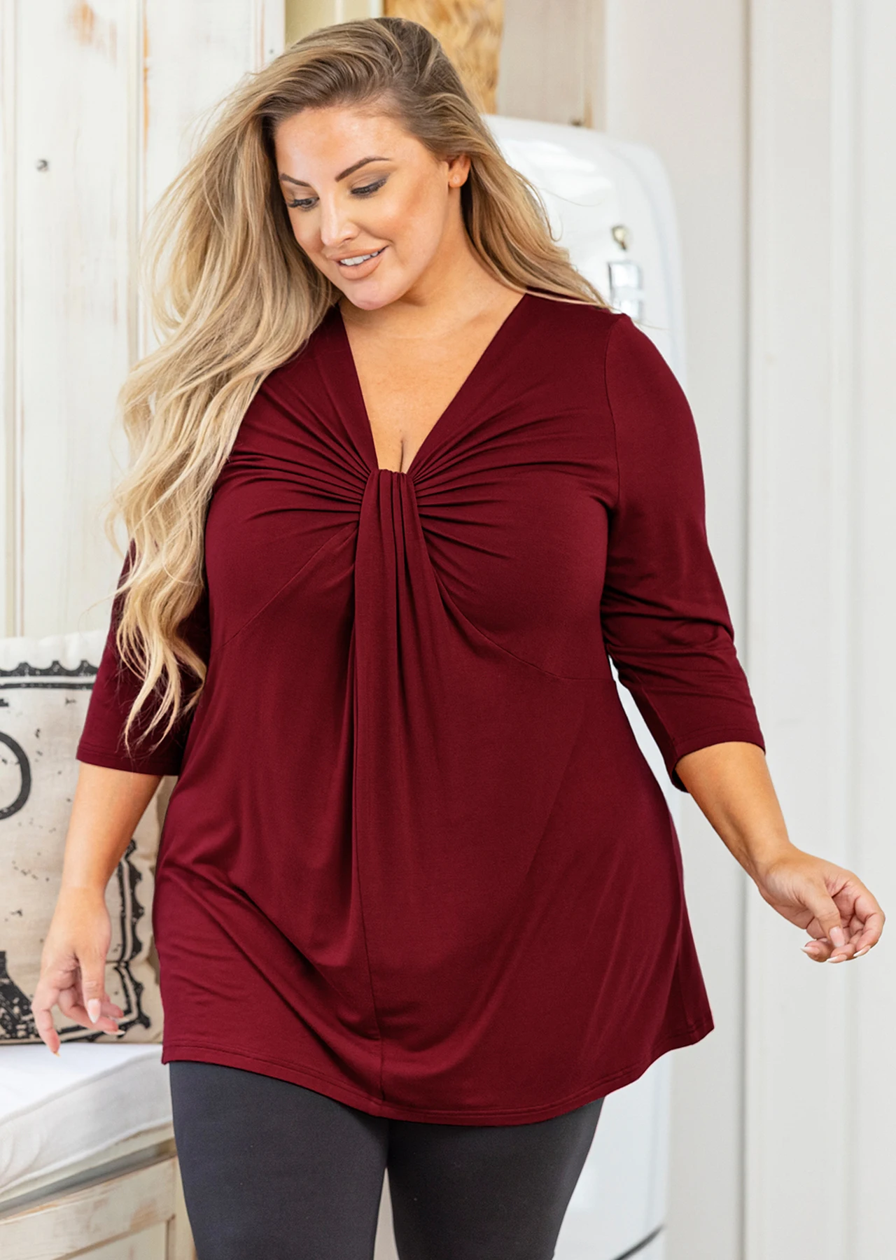 Moodclo Women's Plus Size Tunic 3/4 Sleeve Tunic Twist Knot Front Clothes Maternity V Neck Loose Fit Tops Casual Clothing