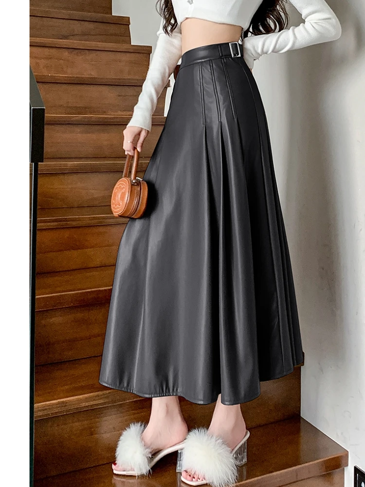 Qiukichonson Maxi Long Skirts Women Gothic Lolita Autumn Winter High Waist Pu Skirt Ladies A-Line Ruffle Pleated Black Skirt