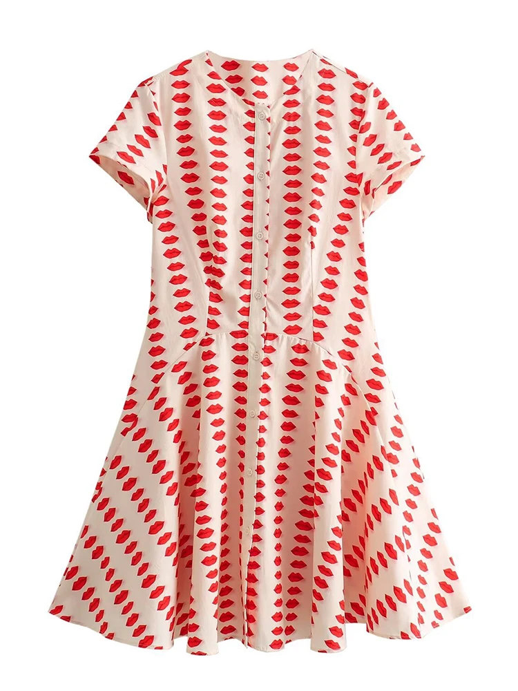 

Lip Print Dress For Women Fashion Round-neck Single Breasted Short Sleeve A-line Mini Kiss Dresses Summer 2024 New Tide XX173