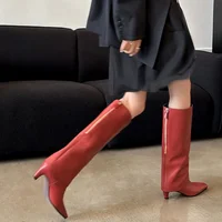 New Red Black Sheepskin Back Zipper Knee High Boots European American Square Headed Sexy 5.5cm High-heel Women Boots Size 34-41