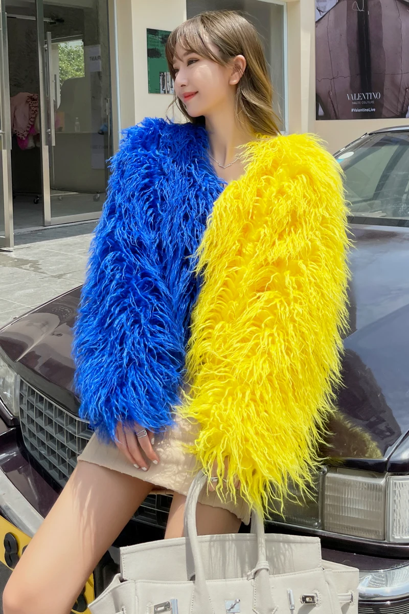 new 2023 Winter clothes Fashion Color Contrast Stitching Furry Coat Blue Mongolia Sheep Fur Green Streetwear Fur Women's Coat