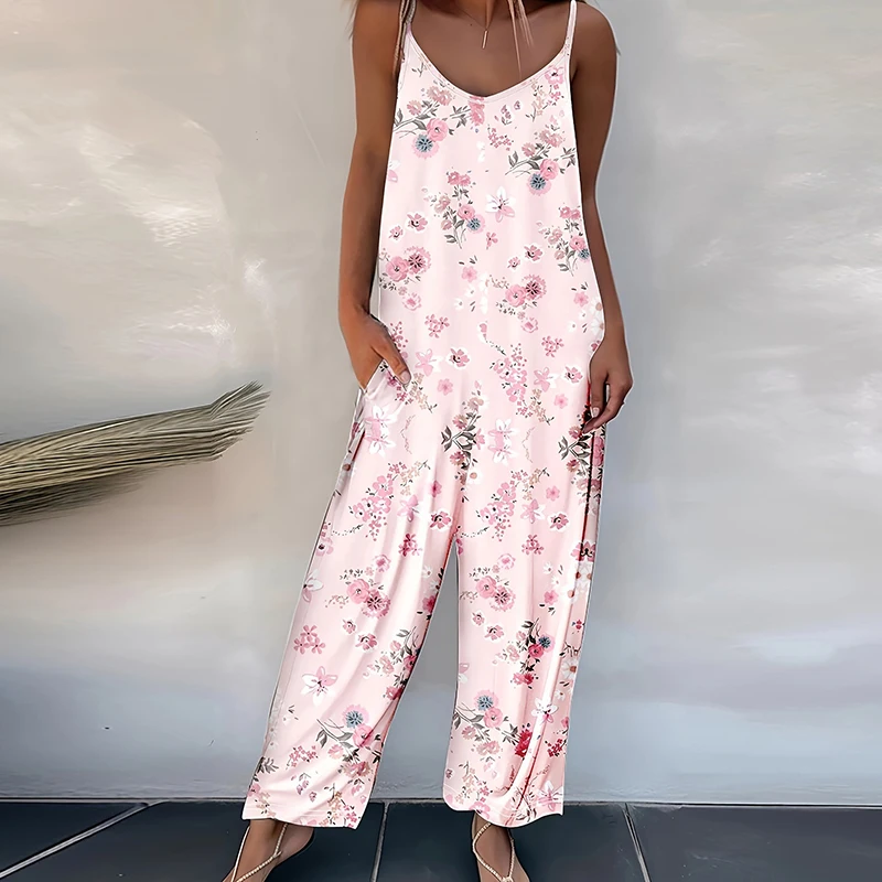 2024 Spring Summer Sexy Suspender Romper Casual Printed Patchwork Sleeveless Women Playsuit Fashion V-neck Pocket Beach Jumpsuit