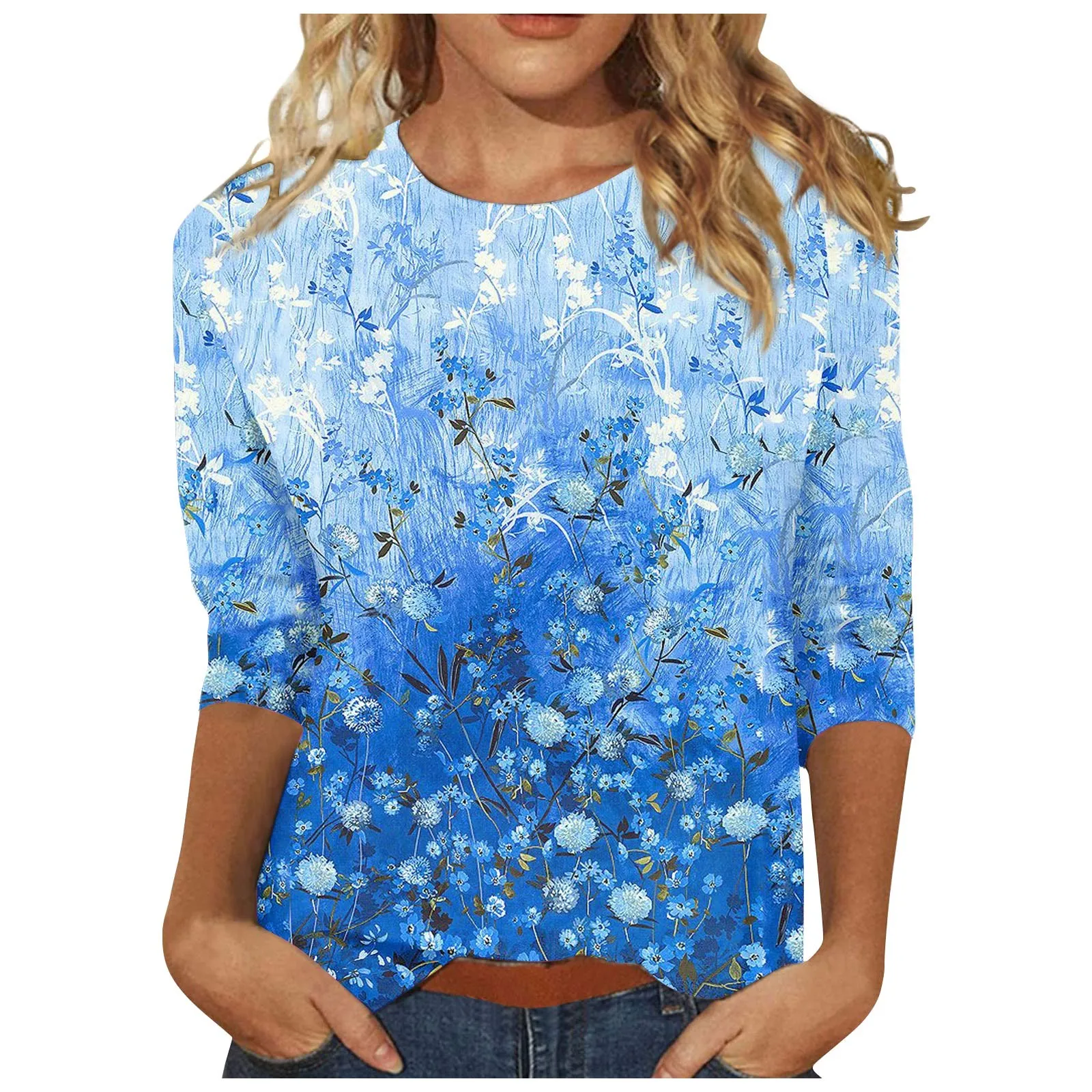

Floral T Shirt For Women Oversized Y2k Girls Clothes O Neck Fashion 3/4 Sleeve Blouse Summer New Streetwear Female Casual Tops
