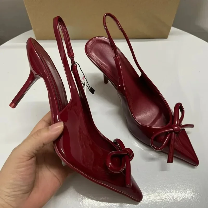 Women Bow Pointed Toe High Heels Sandals Slingback Shoes Mules Sandals