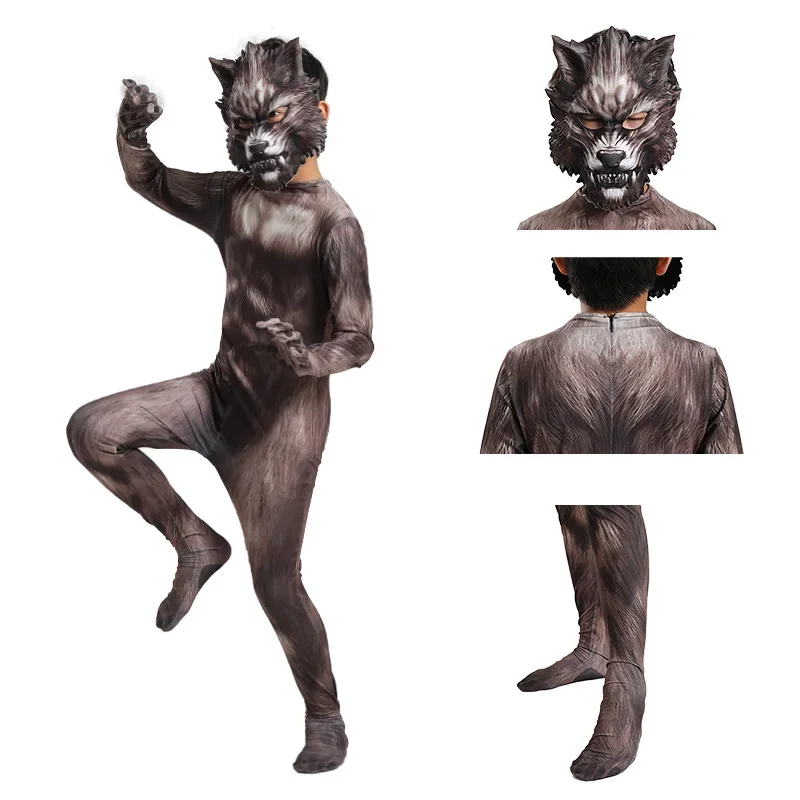 

Carnival Werewolf Cosplay Costume 3D Mask Suit Spandex Jumpsuit Bodysuit Birthday Party Clothes Animal Wolf Kids Adults Dress Up