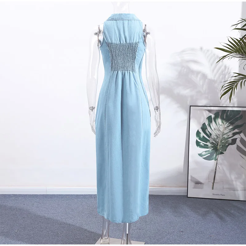 Sommer Neue frauen Ärmellose Denim Revers Maxi Kleider Mit Lange-Taste Trendy Waschen Blau Slim Fit Kleid Weibliche Elegante kleidung – Detail 4