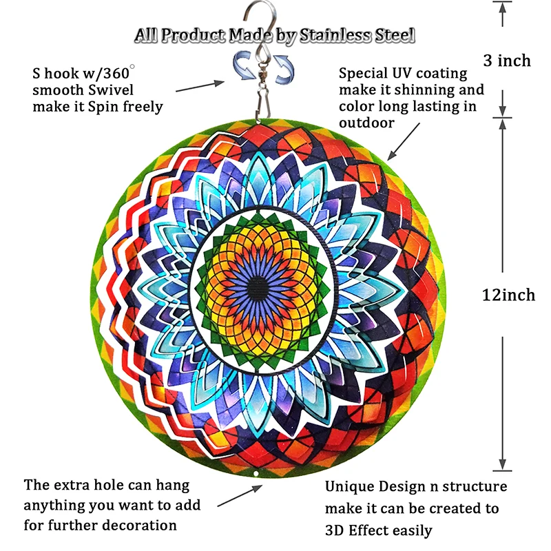 PSATHENATI Wind Spinner Mandala Sun Flower 12in 3D Stainless Steel Art Geometric Pattern Hanging Kinetic Yard Art Decorations
