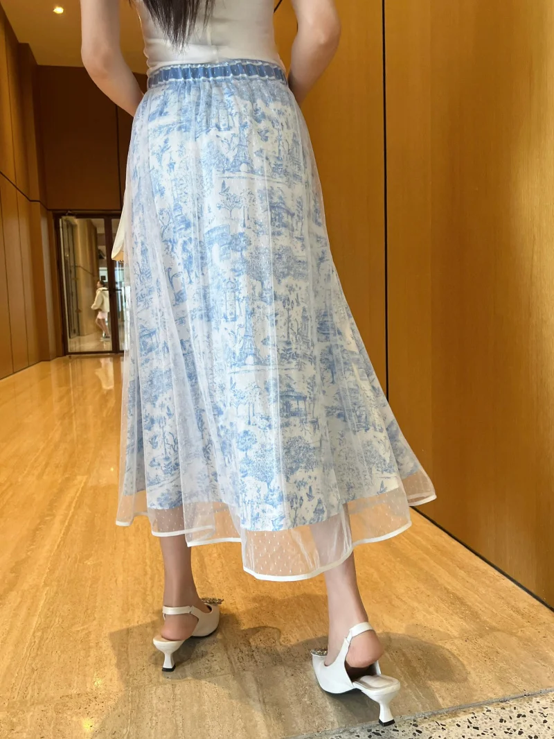 

Женская юбка в сельском стиле, модная и стильная, милая и элегантная юбка трапециевидной формы с имитацией сетки, длинная юбка