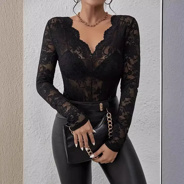 Lace Sheer Long Sleeve V-neck Top 1