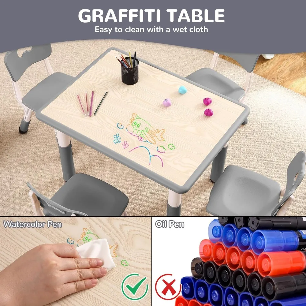 Kids Table and 4 Chairs, Height Adjustable Toddler Table and Chair Set, Graffiti Desktop, Ergonomically Designed Chairs
