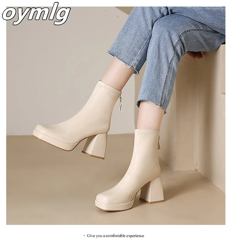 New High Heel Boots Women's Autumn Back Zipper Women's Waterproof Platform Leather Top High Heel Boots Women's