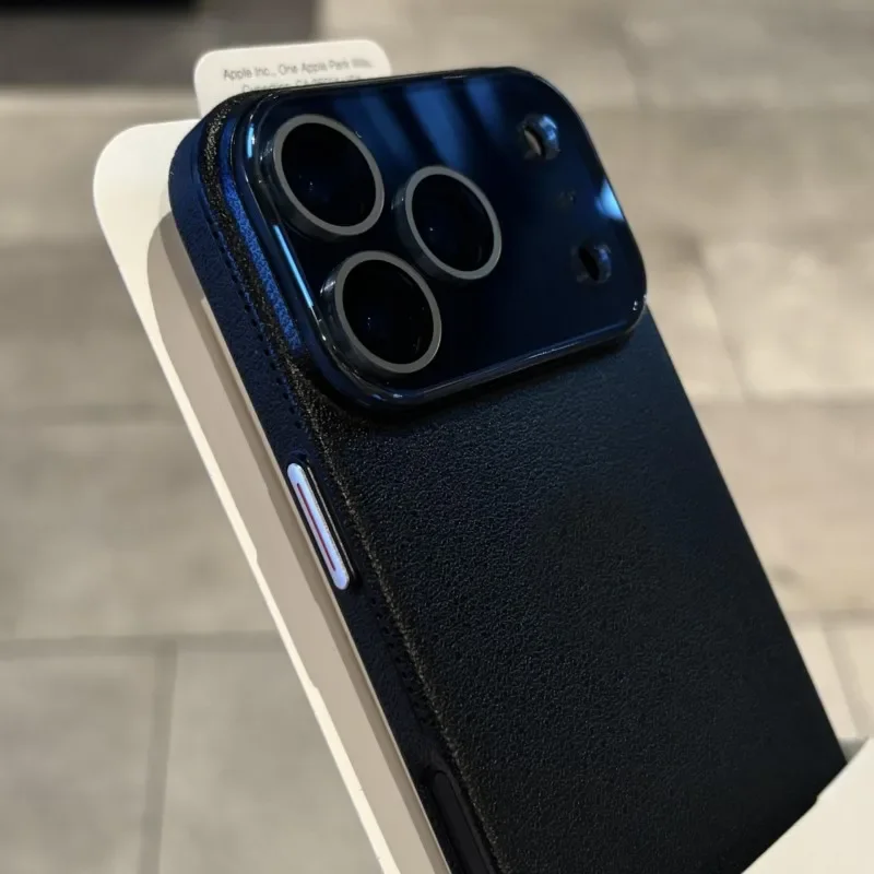 Elegant Leather Texture Silicone Case with Glass Camera Lens Protection - Shockproof Cover
