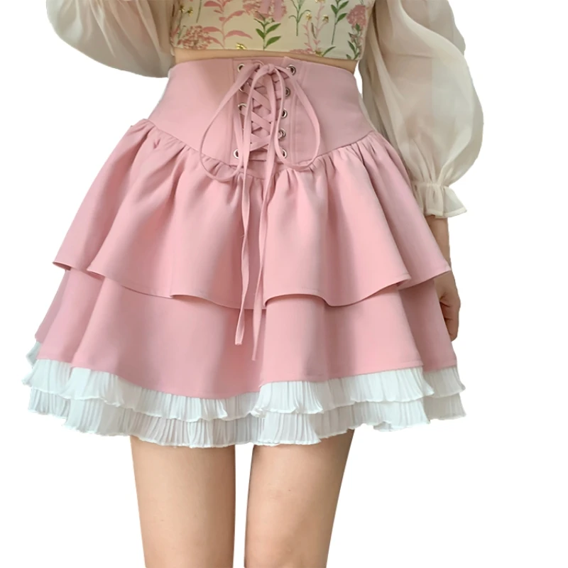 Korean Fashion Pink Mini Skirt Women High Waist Lace Up Vintage Ruffle Japanese Lolita Sweet