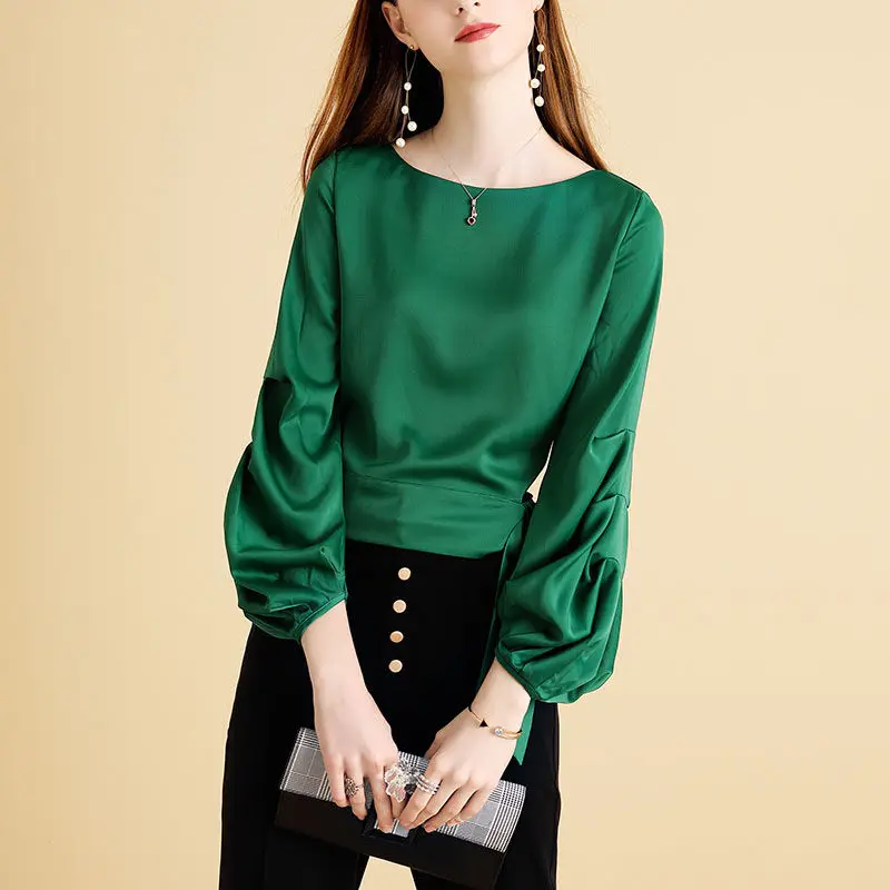 

Fashion Bandage Bow Folds Oversized Lantern Sleeve Blouse Summer and Autumn Loose Pullovers Elegant Women Clothing Commute Shirt