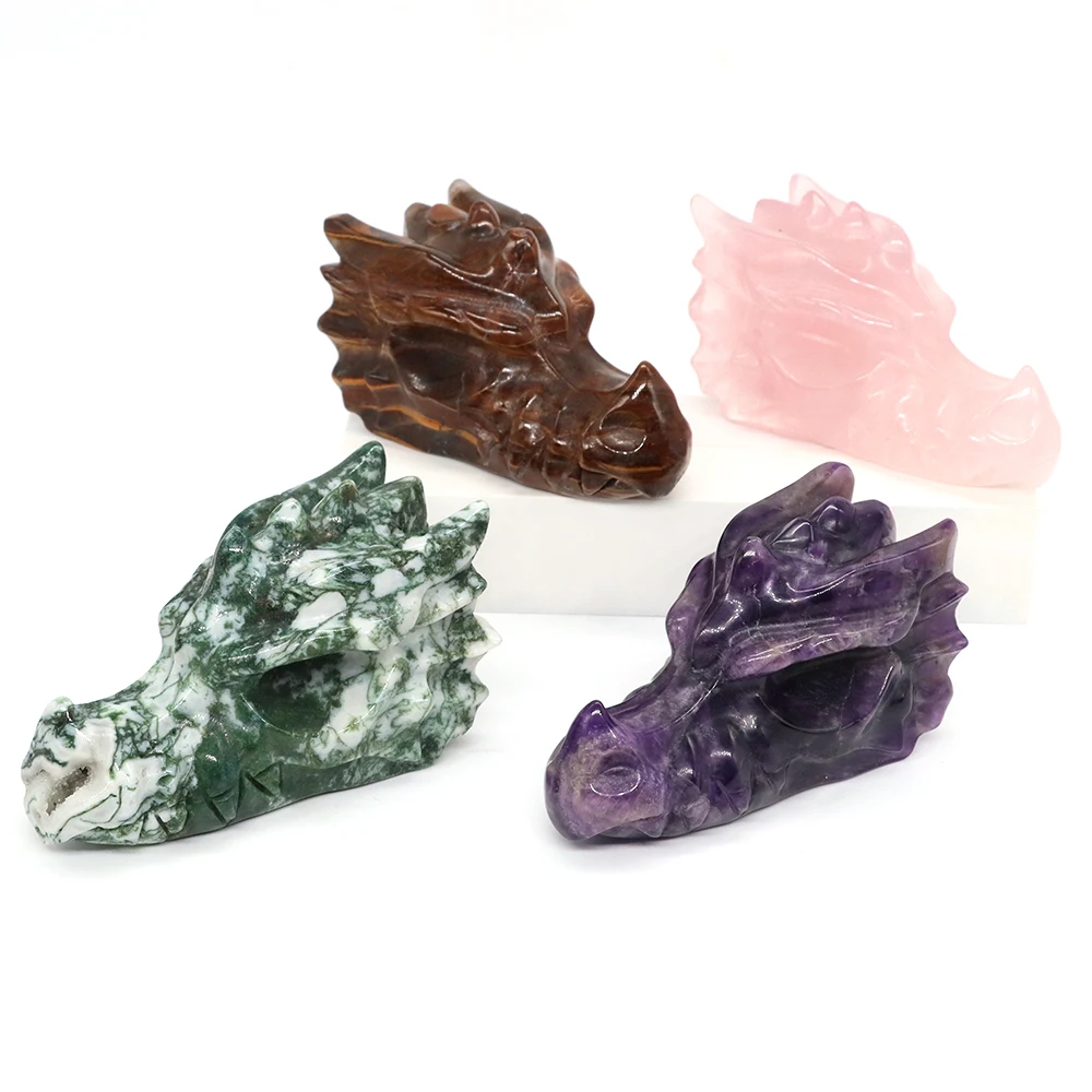 

3.7" Dragon Head Skull Statue Natural Amethyst Tiger Eye Healing Crystal Handmade Carved Animal Powerful Sculpture Home Decor