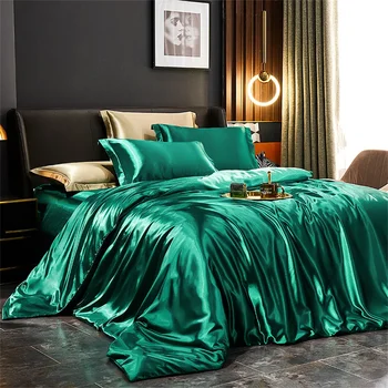 Solid Silk Bedding Set with Duvet Cover Bed Sheet Pillowcases Luxury Satin Single Double Bedsheet King Queen Twin Size 4