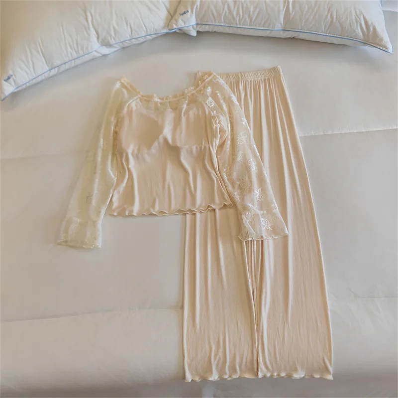 Pijamas Mujer Mode Spitze Modale Nachtwäsche Frauen Brust Pad Langarm Hose Pyjamas Set Herbst Winter Homewear Schlaf Kleidung – Detail 8