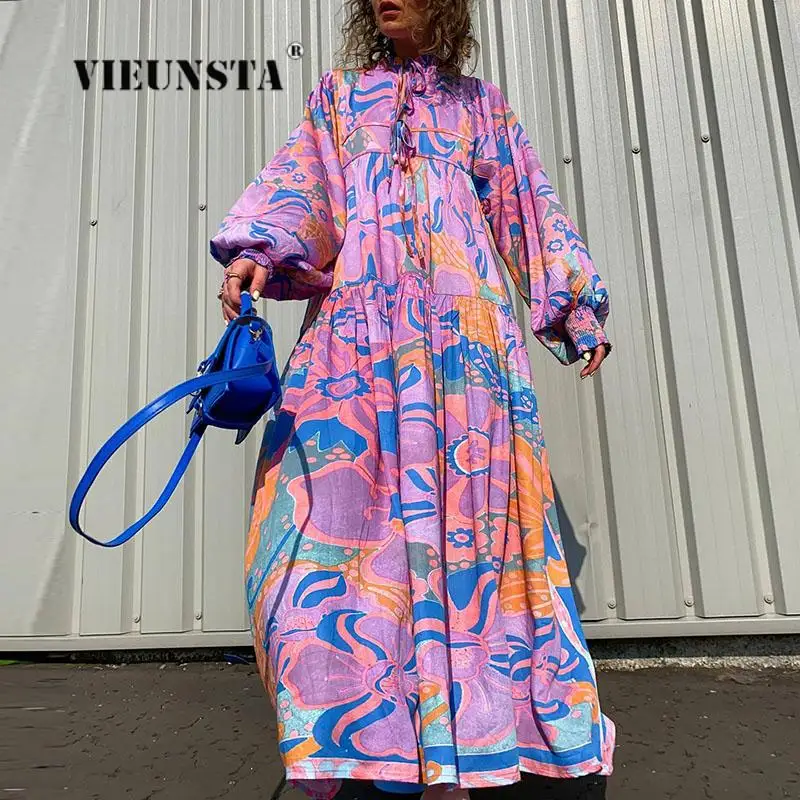 

Casual Vintage Lantern Sleeve Loose A-Line Dress Autumn Fashion Holiday Pleated Dress Women Boho Floral Print Lace-Up Maxi Dress