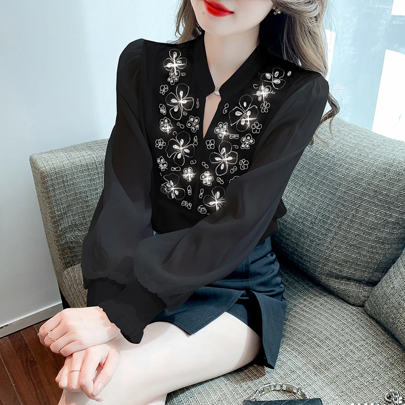 

Spring 2023 Long Sleeve White Office lady Shirt V-Neck Hand make Diamond Tops Korean Women Blouse