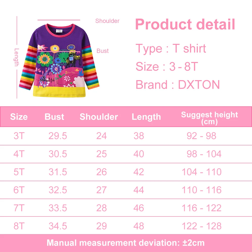 DXTON Kids Rainbow Striped Casual Tops and Tees Girls Floral Print Long Sleeve Autumn Spring T Shirt Kids 100% Cotton Tees 6