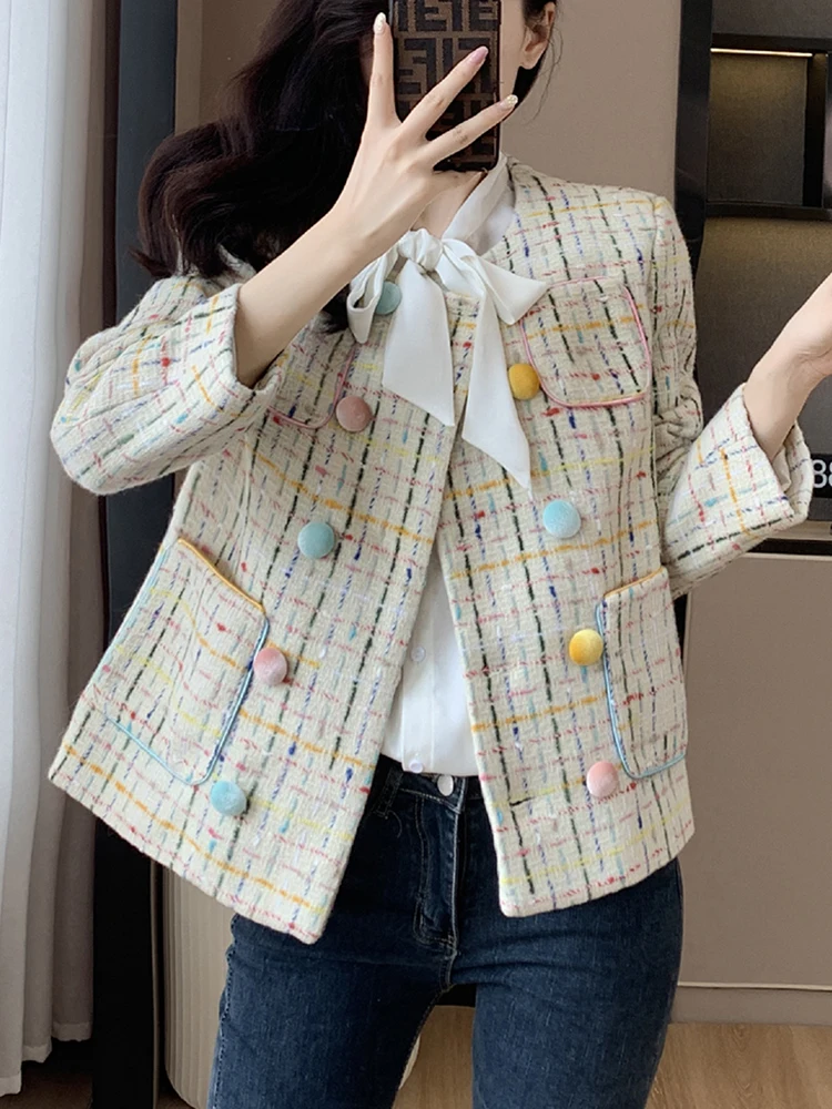 QOERLIN High End Women's Long Sleeve Double-Breasted Tweed Jacket with Pocket Elegant Slim Fit Work Office Business Tweed Blazer