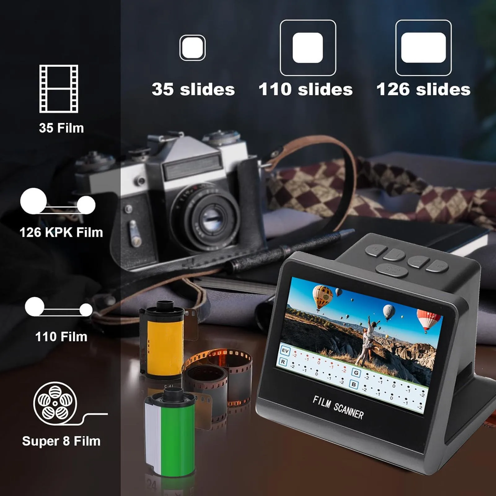 Film Scanner Digital 22MP 5in HD LCD Screen 16GB Memory Convert Black Negative Monochrome Slides Into JPEG Photos USB C Port negative film scanner