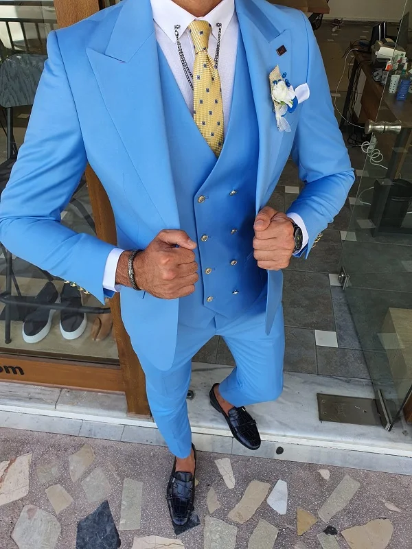 Men Suits 3 Pieces Slim Fit Business Suits Groom Blue Noble Grey White Tuxedos for Formal Wedding suit(Blazer+Pants+Vest) 4