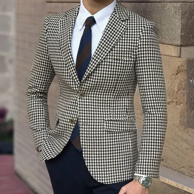Houndstooth Plaid Casual Blazer for Men One Piece Suit Jacket with 2 Side Slit Slim Fit Male Coat Fashion 2024 In Stock - Image 4