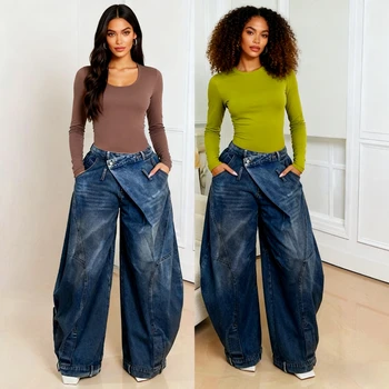 Wide Leg Pants Women Vintage Denim Jeans Punk Style Loose Trousers Stretch Mid Waist Washed Distressed 2026 Mom Streetwear 1