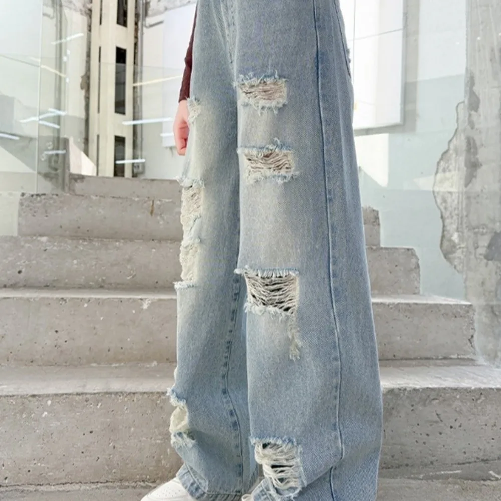 Ripped Wide Children Jeans Straight High Waist Blue Teen Girl Jeans Loose Leg Streetwear Girls Denim Trousers Girls Gift