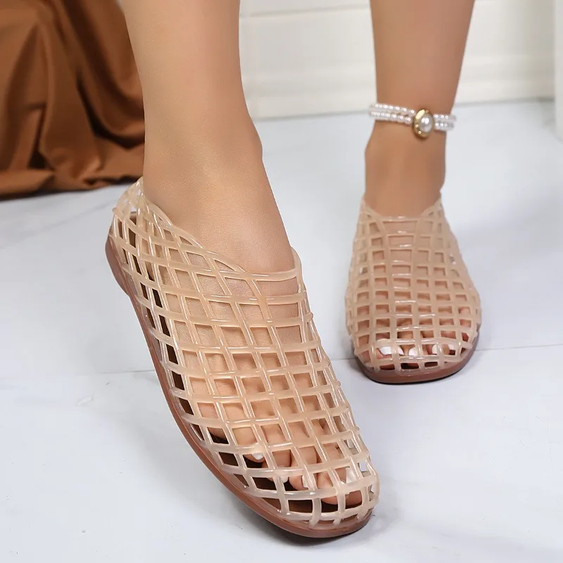 2026 New Hollow-Out Flat Open-Toe Mesh Crystal Sandals For Women, Summer Beach Casual Jelly Shoes_vogvips.com