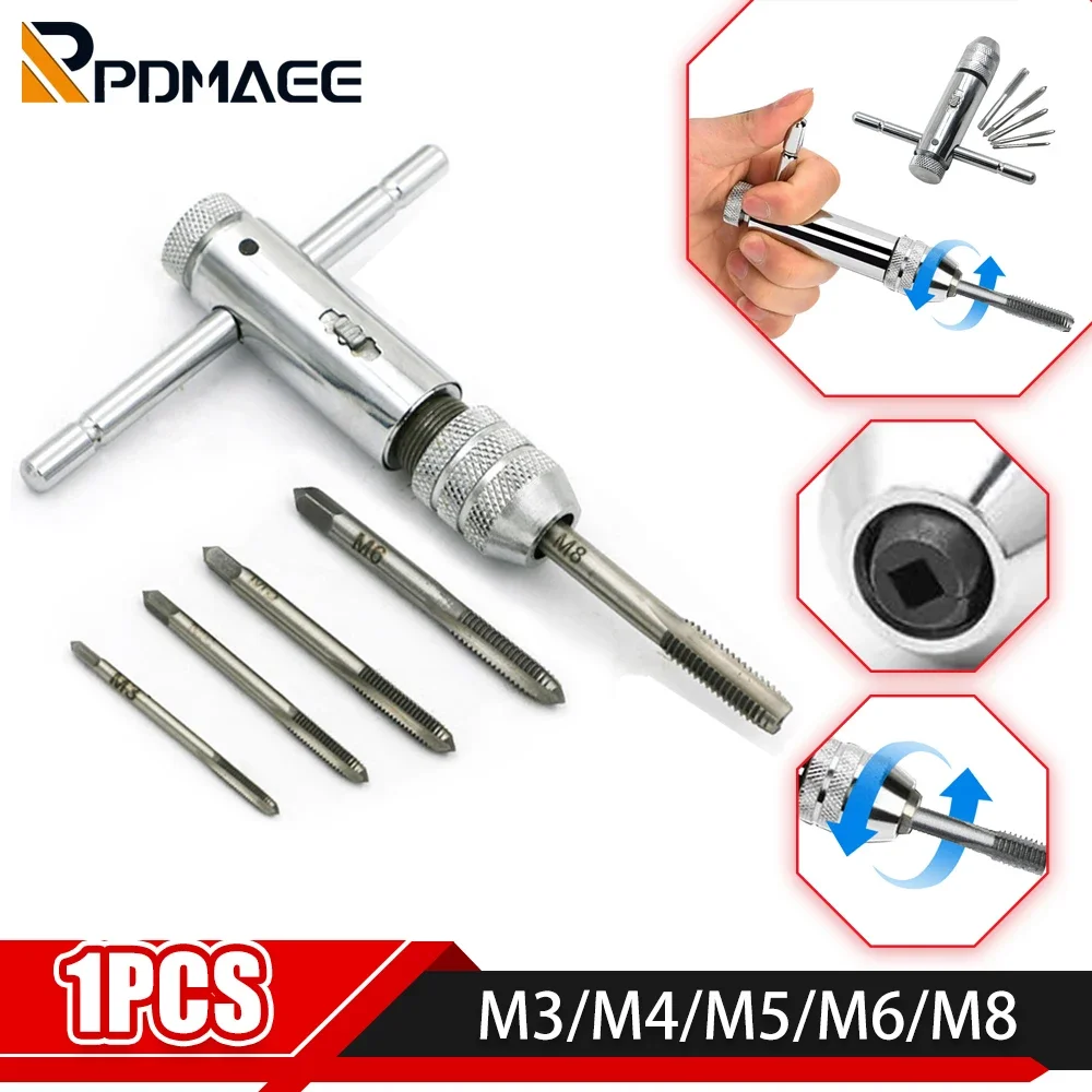 

Adjustable Silver T-Handle Ratchet Tap Holder Wrench with 5pcs M3-M8 3mm-8mm Machine Screw Thread Metric Plug T-shaped Tap