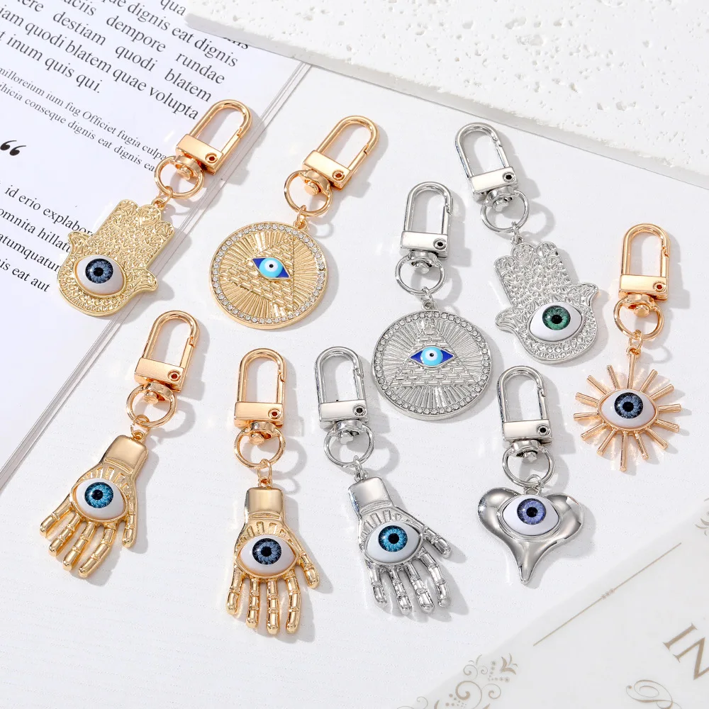 

12pcs Turkish Lucky Blue Evil Eye Keychain Palm Hand Heart Lobster Clasp Women Handbag Car Key Holder Key Ring Hip Hop Jewelry