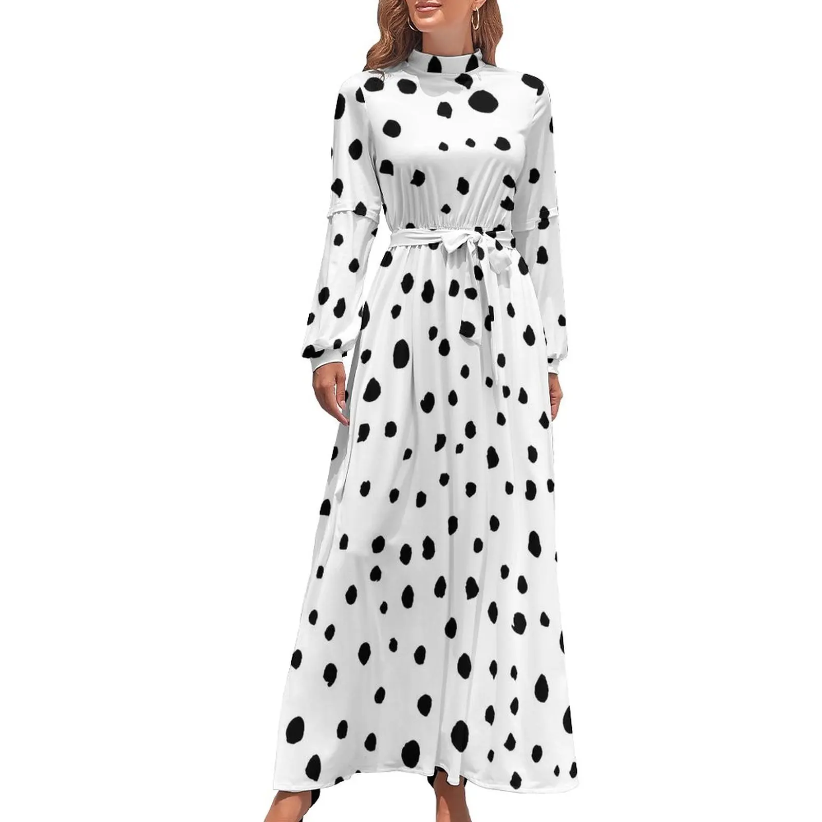 

Dalmatian Spots Dress High Neck Dalmatian Spots Graphic Boho Beach Dresses Long-Sleeve Stylish Long Maxi Dress Sexy Clothing