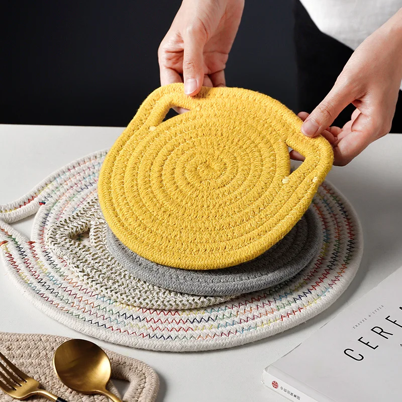 

Cat Ear Hanging Type Placemat Round Cotton Rope Heat Insulation Pad Nordic Style Minimalist Home Table Coaster Kitchen Supplies