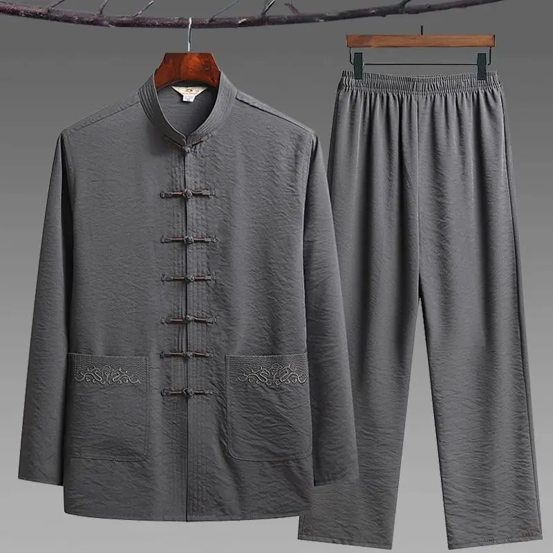 Men Hand Button Tang Suit Shirt & Pants Cotton Linen Vintage