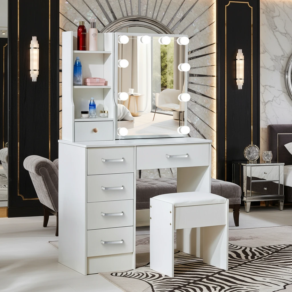 Vente pour les jours des célibataires, offres 11.11, coiffeuse avec tiroirs miroir LED, Table de vanité, ensemble de tabourets de bureau de maquillage, tabouret blanc