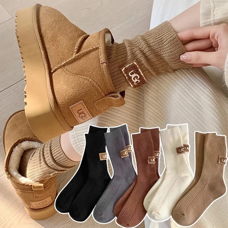 1-5pairs Winter Thicken Warm Padded Socks Solid Color Mid Calf Sock Women Casual Embroidered Logo Pile Socks Snow Boot Stocking