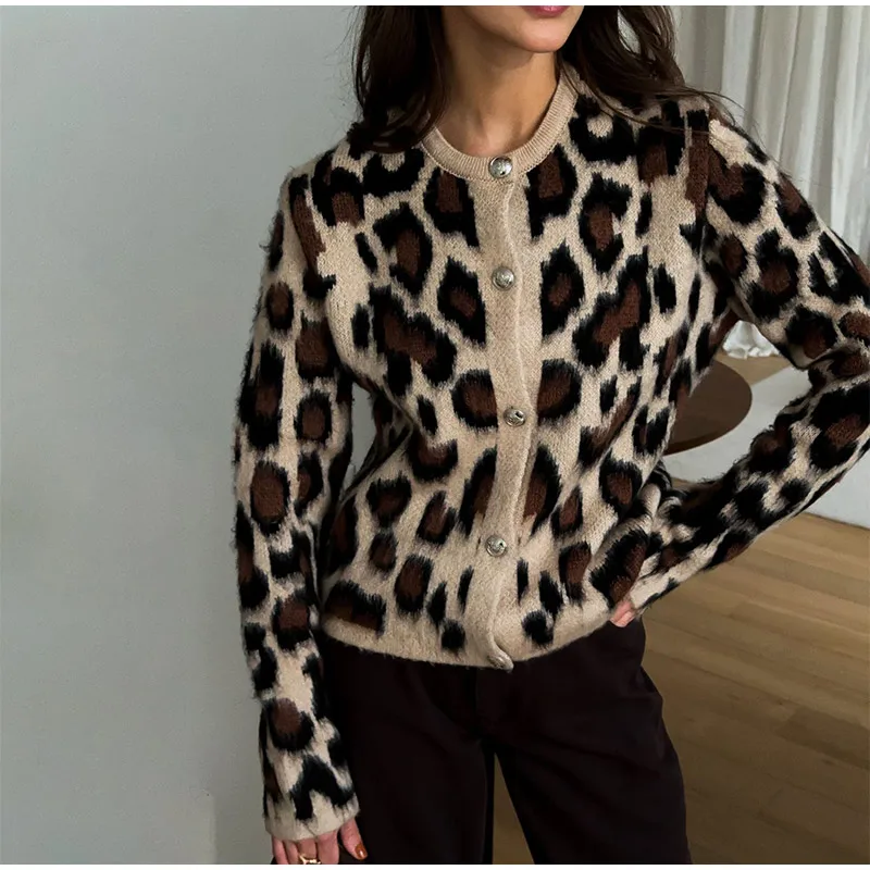 Vintage Knitted Leopard Cardigan Women Casual Slim Single Breasted O-Neck Sweaters Female Chic Versatile Basic Street Knitwear