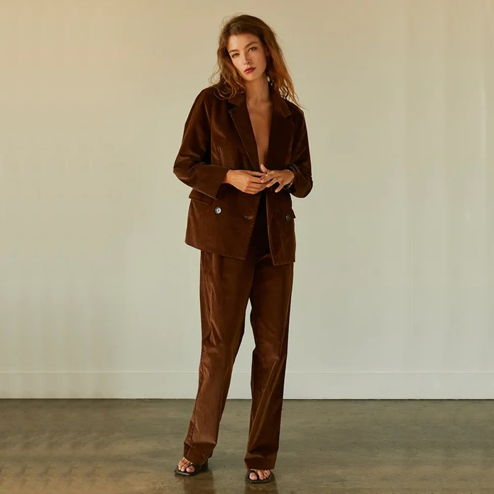Bow Collar Women's Suit Corduroy Elegant Suits for Women Long Sleeves Jacket Double Breasted Blazer Pants Suit Clothing