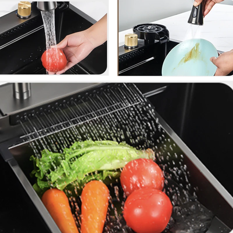 Stainless Steel Raindance Waterfall Kitchen Sink Large Single Bowl Wash Basin Sink Undercounter Topmount Faucet Drain