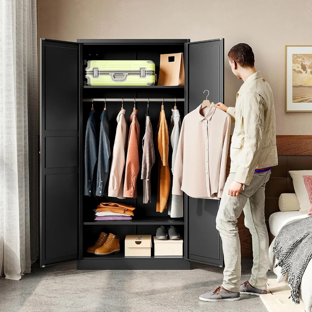 Metal Armoire Wardrobe Closet with 2 Doors 72'' Wardrobe Cabinet with Hanging Rail Metal Closet with Adjustable Shelves for Bedr 3