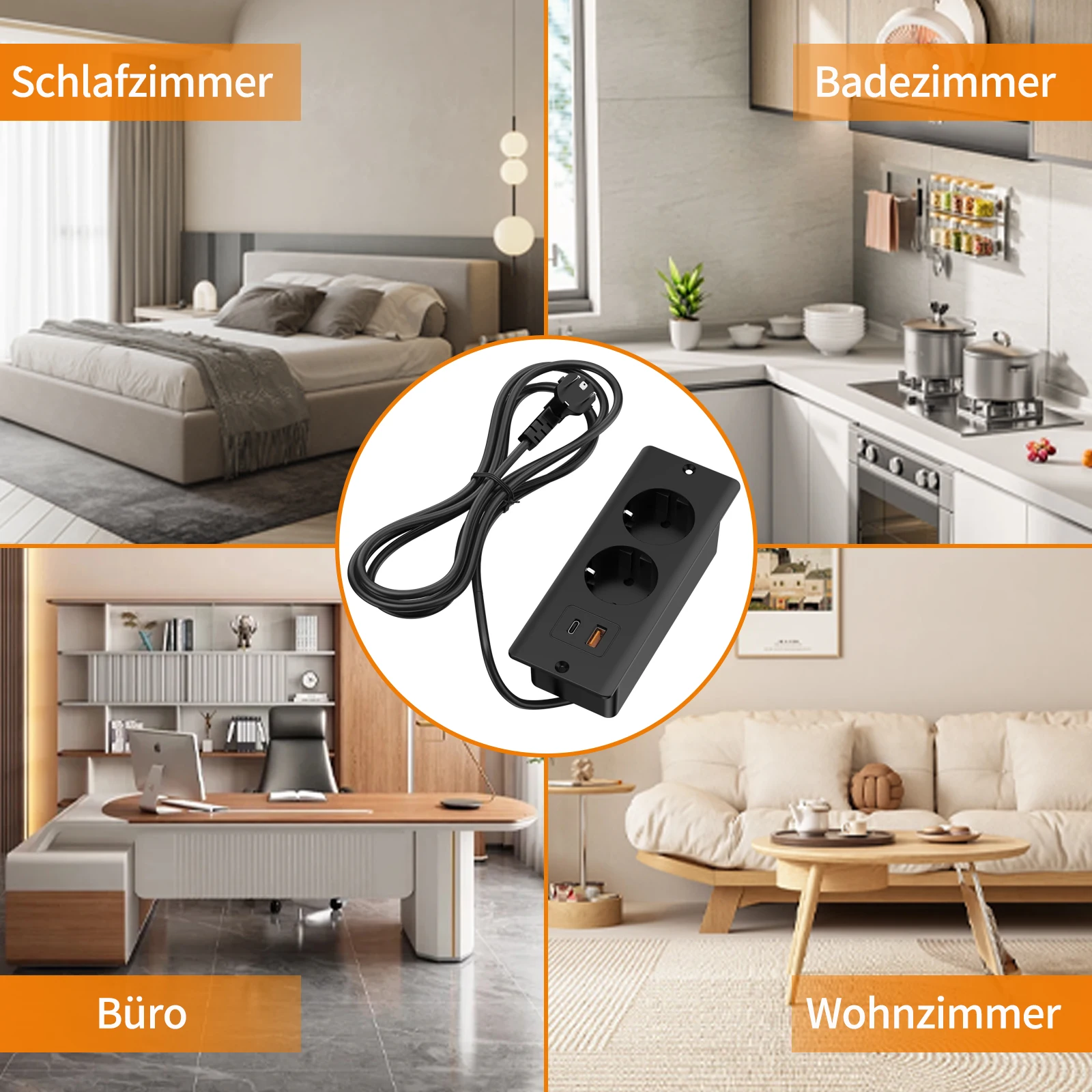 EU Table Recessed Sockets Bulit in Sockets with USB Type C PD20W Power Strip Desk Hidden Power Outlet 2m Extension Cord Home 5